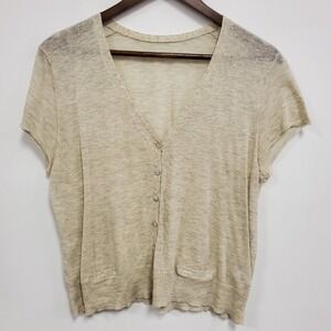 Eileen Fisher Women Short Sleeve Linen Button Top Size L Beige Sustainable Beach